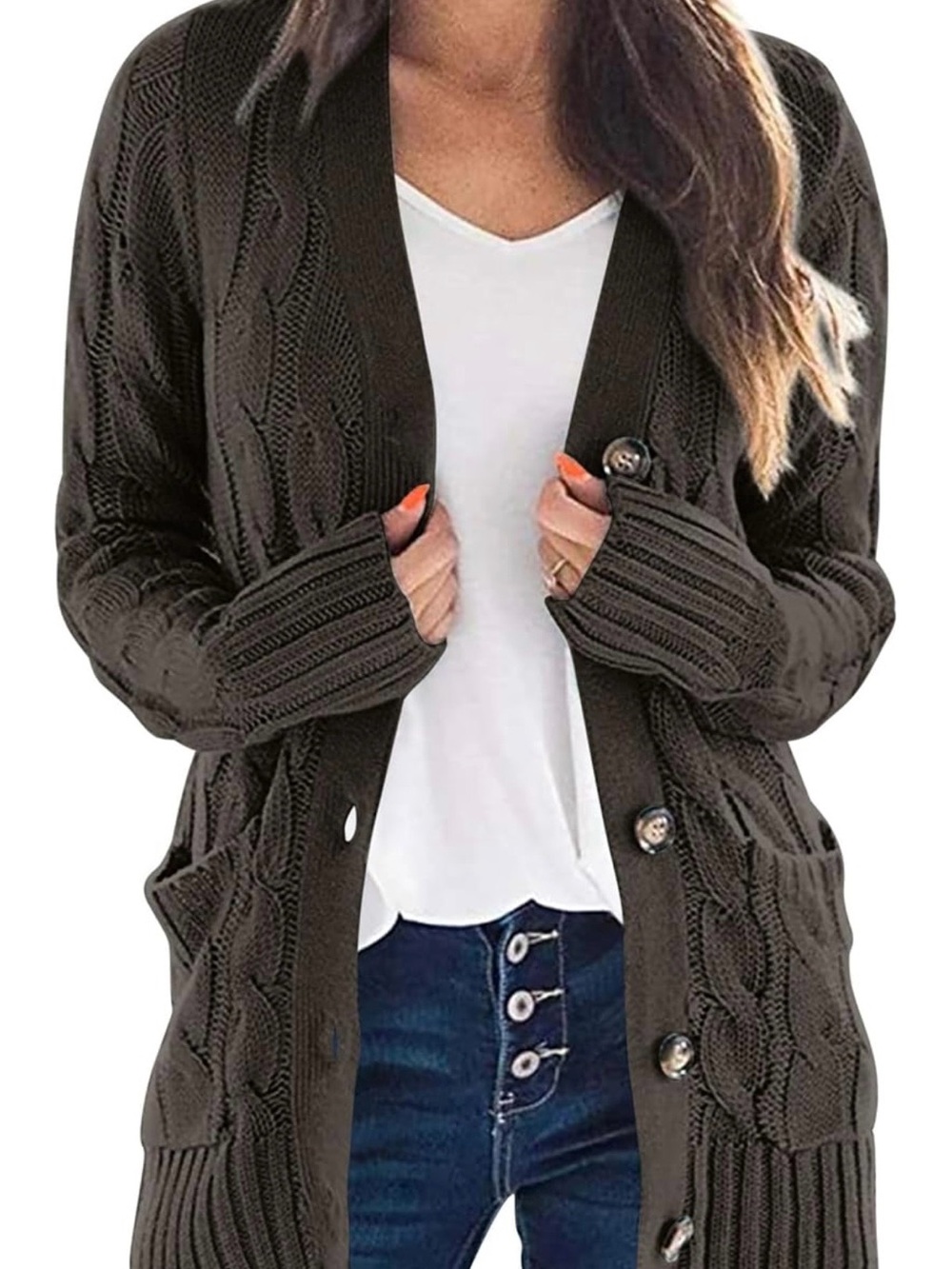 Pretty garden chunky Cable Knit Button-Front Cardigan Sweater - Dark Gray